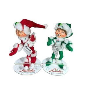 Annalee 2008 Red & Green Peppermint Twist Elves Elf Dolls Christmas Holiday Set